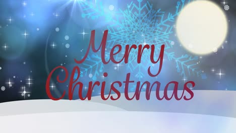 Animation-of-merry-christmas-text-and-snow-falling-on-blue-background