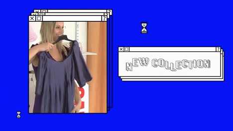 Animation-of-new-collection-text-in-stacked-window,-with-women-looking-at-clothes-in-shop