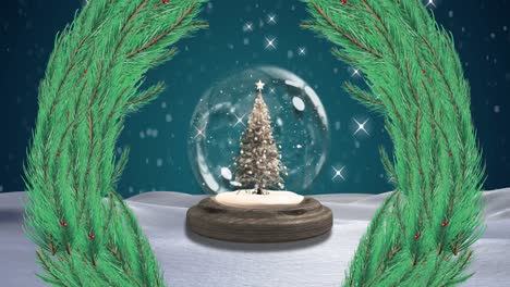 Animation-of-fir-tree-wreath-over-snow-globe-and-winter-landscape