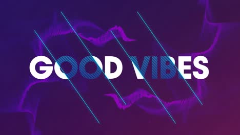 Animation-of-good-vibes-in-white-and-blue-text-over-purple-trails-on-purple-background