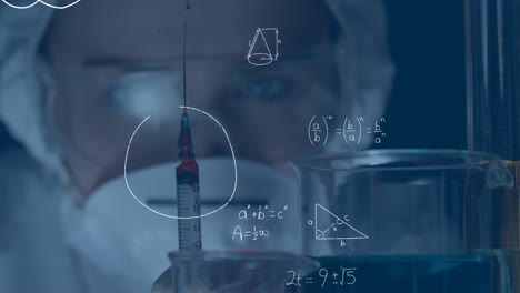 Animation-of-mathematical-equations-over-female-scientist-holding-syringe