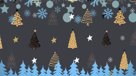 Animation-of-christmas-decorations-with-baubles-over-stars-and-christmas-trees-on-black-background