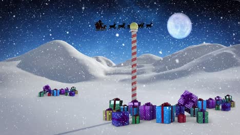 Animation-of-santa-claus-in-sleigh-with-reindeer-over-snow-falling,-presents-and-winter-landscape