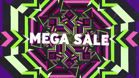 Animation-of-mega-sale-in-white-text-with-distortion,-over-green-and-pink-kaleidoscopic-shapes