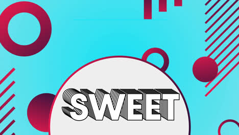 Animation-of-sweet-in-white-text-with-red-circles-and-lines-on-blue-background