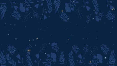 Animation-of-glowing-spots-with-plants-and-flowers,-christmas-design-on-blue-background