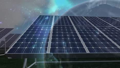 Animation-of-network-of-connections-and-globe-over-solar-panels