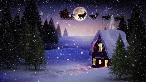 Animation-of-santa-claus-in-sleigh-with-reindeer-over-snow-falling,-house-and-winter-landscape
