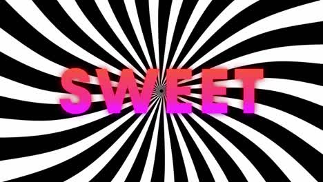 Animation-of-sweet-in-pink-and-purple-text-with-over-rotating-black-and-white-stripes