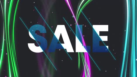 Animation-of-sale-in-white-and-blue-text-over-glowing-pink,-blue-and-green-lines-on-black