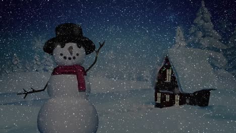 Animation-of-snow-falling-over-snowman,-house-and-winter-landscape