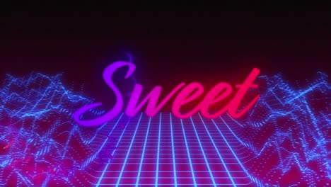 Animation-of-sweet-in-pink-and-purple-text-over-moving-blue-grid-and-waves-on-black-background