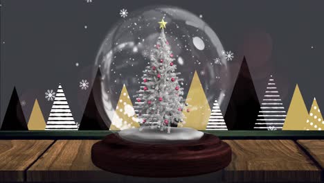 Animation-of-snow-falling-and-glowing-spots-over-trees-and-snow-globe-with-tree-on-grey-background