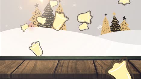 Animation-of-snow-and-bells-falling-over-christmas-trees-and-winter-landscape