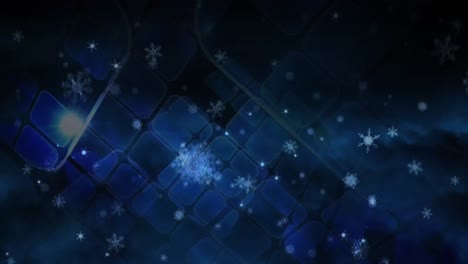 Animation-of-snow-falling-over-blue-shapes-moving
