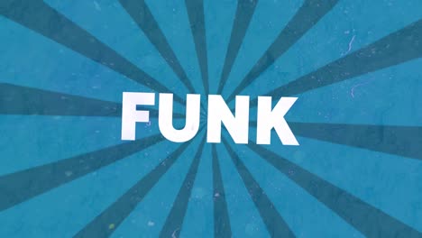 Animation-of-funk-in-white-text-with-colourful-distortion-over-rotating-blue-stripes