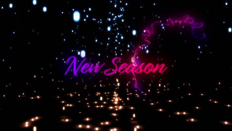 Animation-of-new-season-in-pink-and-purple-text-over-glowing-particles-falling-on-black-background