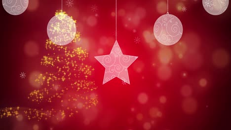 Animation-of-glowing-stars-forming-christmas-tree-over-baubles-on-red-background