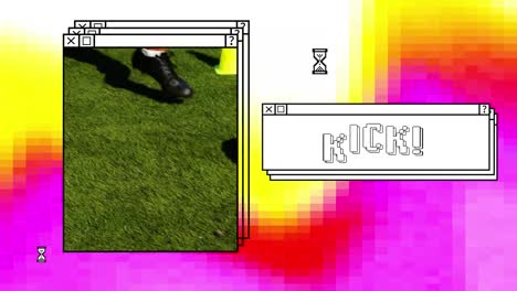 Animation-of-kick-in-white-text-in-stacked-window,-with-foot-kicking-football,-on-yellow-and-pink