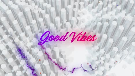 Animation-of-good-vibes-in-purple-and-pink-text-with-paint-trails-and-dots-over-white-hexagon-rods