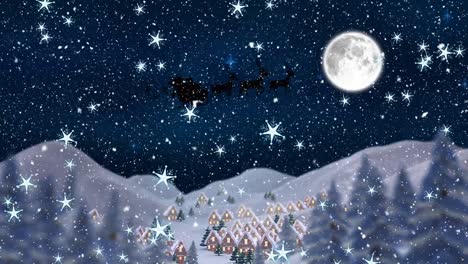 Animation-of-santa-claus-in-sleigh-with-reindeer-over-snow-falling,-moon-and-christmas-landscape