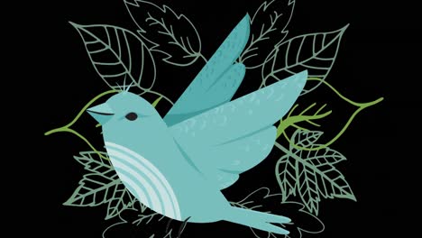 Animation-of-bird-and-leaves-on-black-background