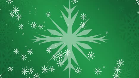 Animation-of-snow-falling-over-snowflakes-at-christmas,-on-green-background