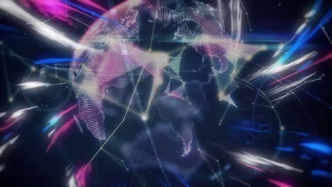 Animation-of-globe,-networks-of-connections-and-colorful-light-trails-over-black-background