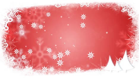 Animation-of-snow-falling-at-christmas,-over-snowflakes-on-red-background