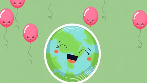 Animation-of-balloons-and-happy-globe-on-green-background