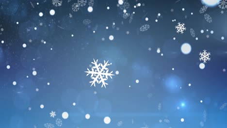 Animation-of-snow-falling-over-light-spots-at-christmas,-on-blue-background