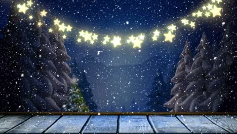 Animation-Von-Lichterketten-Und-Schnee,-Der-über-Die-Weihnachtliche-Winterlandschaft-Fällt