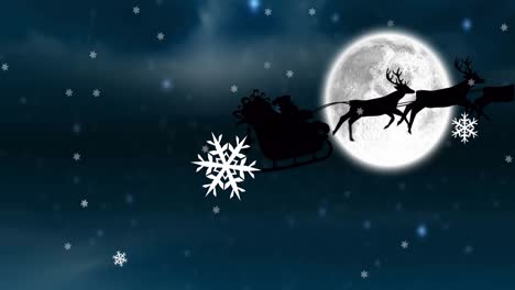 Animation-of-santa-claus-in-sleigh-with-reindeer-at-christmas,-over-snow-falling,-moon-and-sky