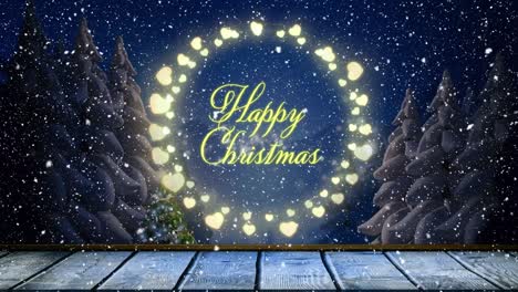 Animation-of-happy-christmas-text-with-fairy-lights-and-snow-falling-over-winter-landscape