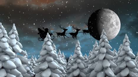 Animación-De-Papá-Noel-En-Trineo-Con-Renos-En-Navidad,-Sobre-Nieve-Cayendo,-árboles-Y-Luna.