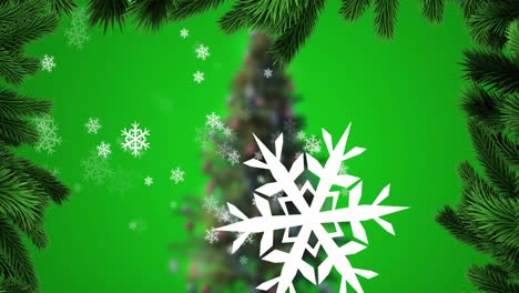 Animation-of-snow-falling-and-fir-tree-over-christmas-tree-on-green-background