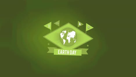 Animation-of-globe-with-earth-day-and-flags-on-green-background