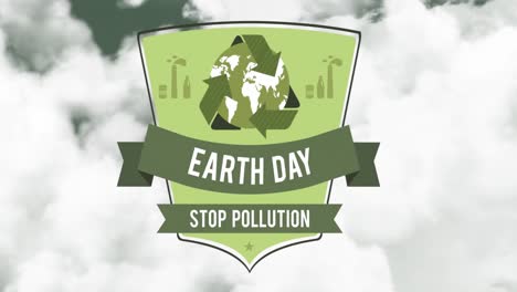 Animation-of-shield-with-recycling-and-earth-day-on-cloudy-sky