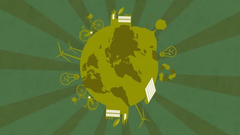Animation-of-globe-with-energy-symbols-on-green-background