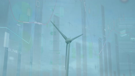 Animation-of-statistics-and-data-processing-over-wind-turbines-in-countryside-landscape