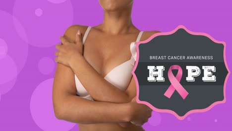 Animation-of-breast-cancer-awareness-text,-pink-ribbon-with-mixed-race-woman-wearing-pink-underwear