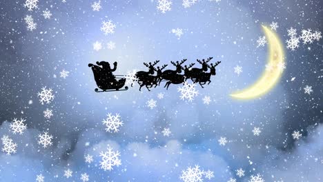 Animation-of-santa-claus-in-sleigh-with-reindeer-at-christmas,-over-snow-falling,-moon-and-sky