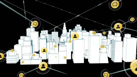 Animation-Des-Netzwerks-Von-Verbindungen-Mit-Symbolen-über-Einer-3D-Architekturzeichnung-Der-Stadt-Im-Hintergrund
