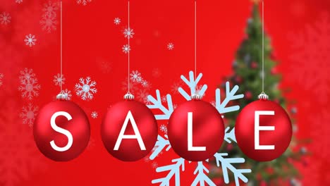 Animation-of-sale-text,-snow-falling-and-baubles-over-christmas-tree-on-red-background