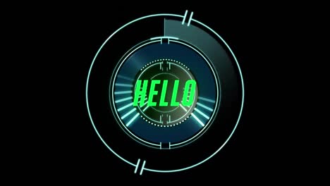Animation-of-hello-text-over-scope-scanning-on-black-background