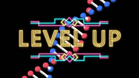 Animation-of-level-up-text-over-dna-strand-on-black-background