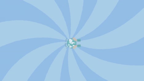 Animation-Des-Tages-Der-Erde-Und-Hand,-Die-Den-Globus-Auf-Spiralförmigem-Blauem-Hintergrund-Hält