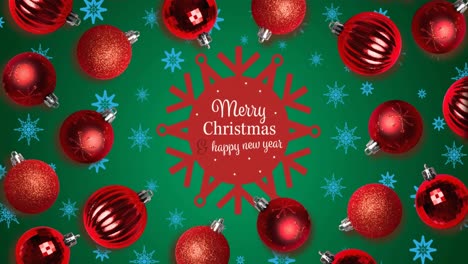 Animation-of-snowflakes-and-baubles-over-merry-christmas-and-happy-new-year-text-on-green-background