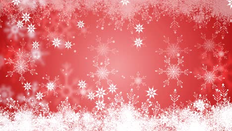 Animation-of-snow-falling-over-snowflakes-at-christmas-on-red-background