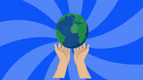 Animation-of-hands-holding-globe-on-spiral-blue-background